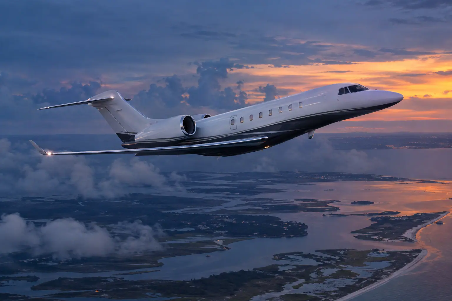 Private jet climbing out over New York